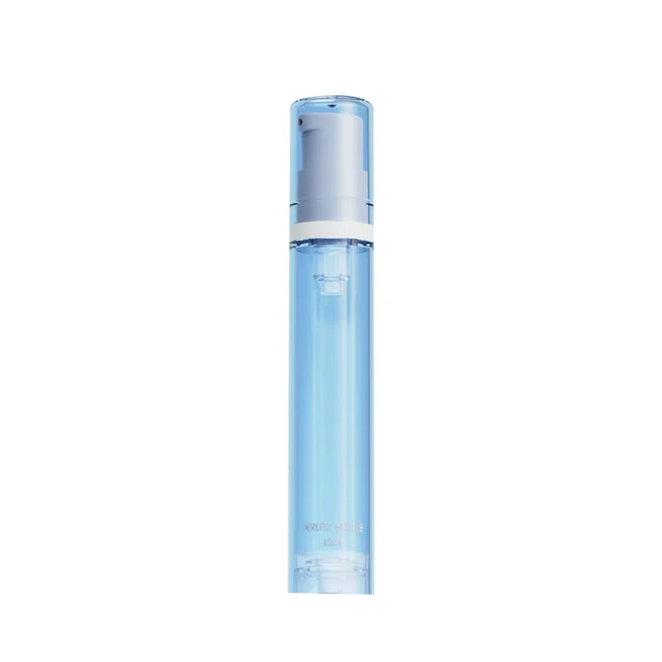 Blue and clear cylindrical cosmetic bottle