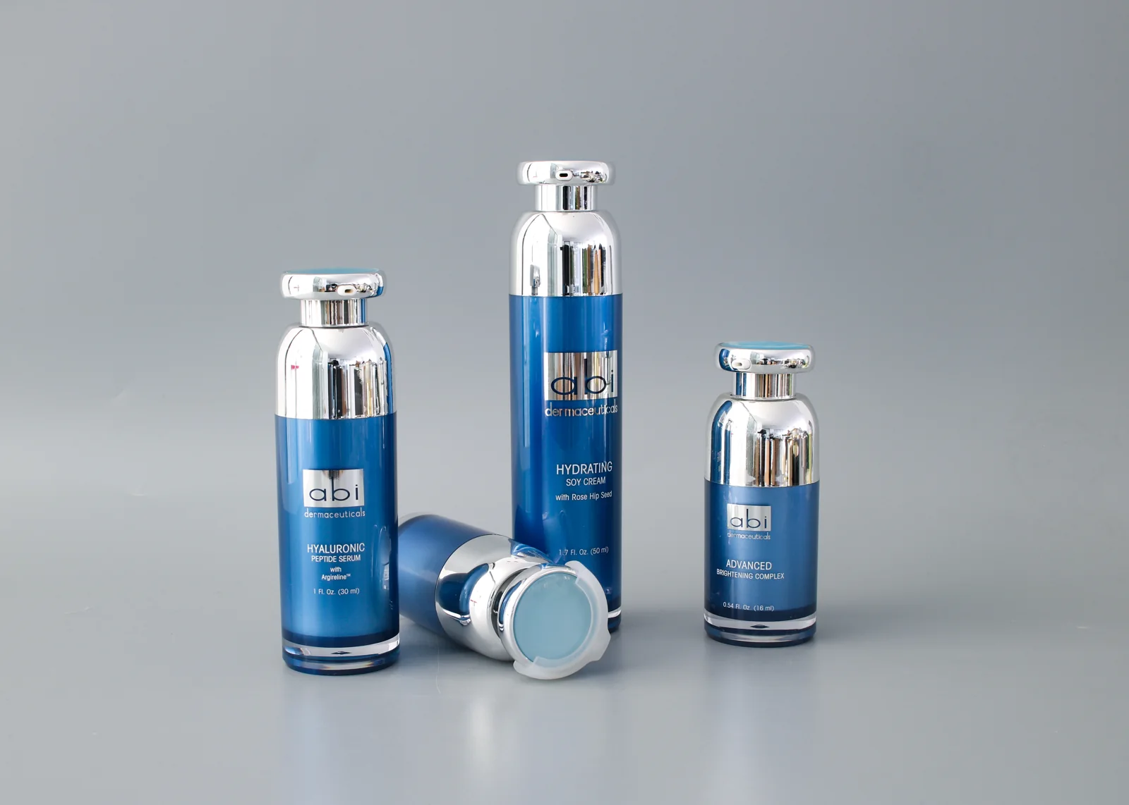 Blue metallic-finish cosmetic container samples
