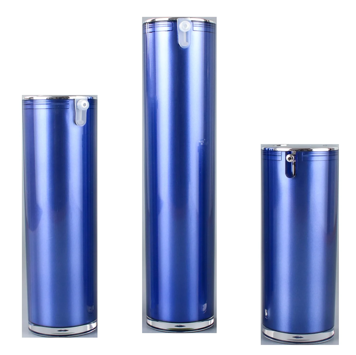 Blue metallic-finish cosmetic jar and bottles