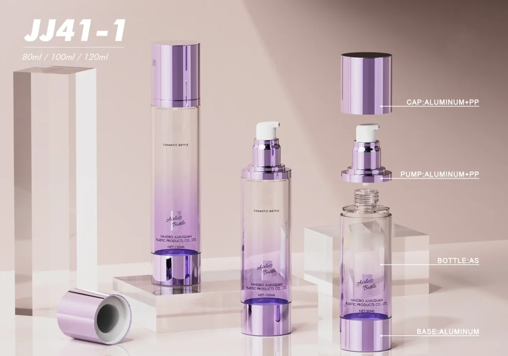 Clear cosmetic bottle with purple pump assembly and cap