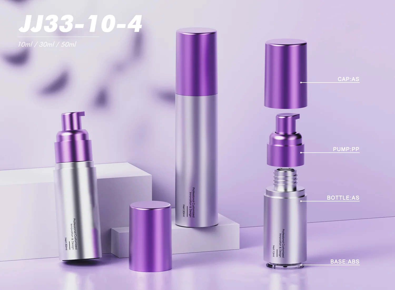 Purple cosmetic bottle with cap and separated pump components