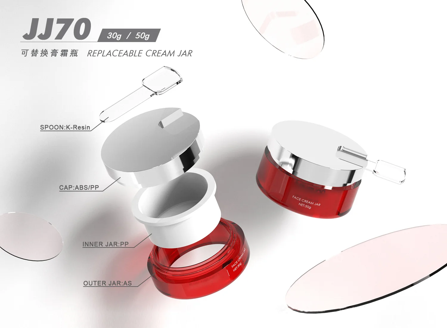 Red and white cosmetic jar with separated inner and outer components
